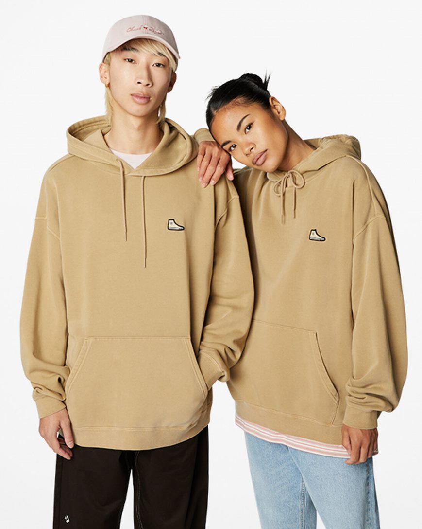 Women\'s Converse Go-To Sneaker Patch Loose Fit Pullover Hoodie Khaki | AU 349C1E